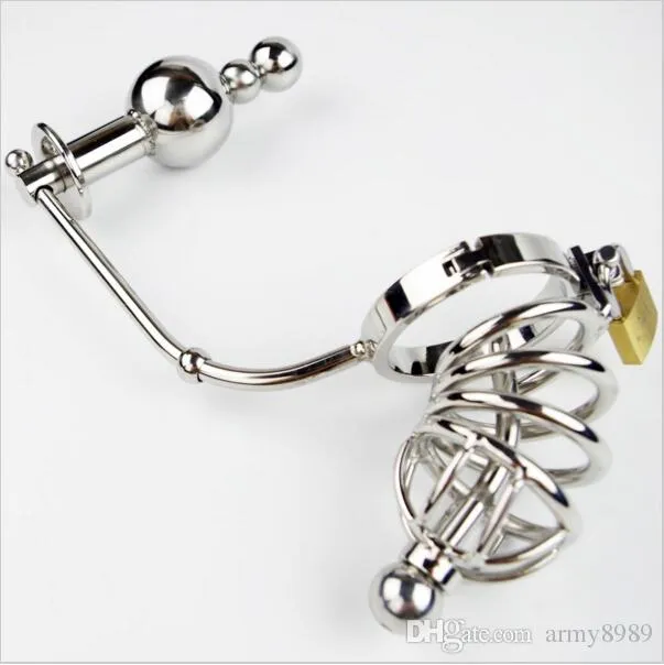 Male Siamese Anal plug Cage Device Stainless Steel Adjustable Butt beads Adult Sex Toys For Men Belt3288050