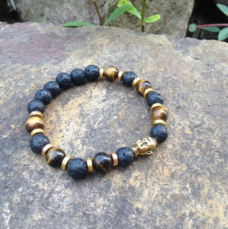 SN0378 haz tu propia pulsera de cuentas Hombre ojo de tigre oro cabeza de buda pulsera lave piedra joyería mala joyería pulseras