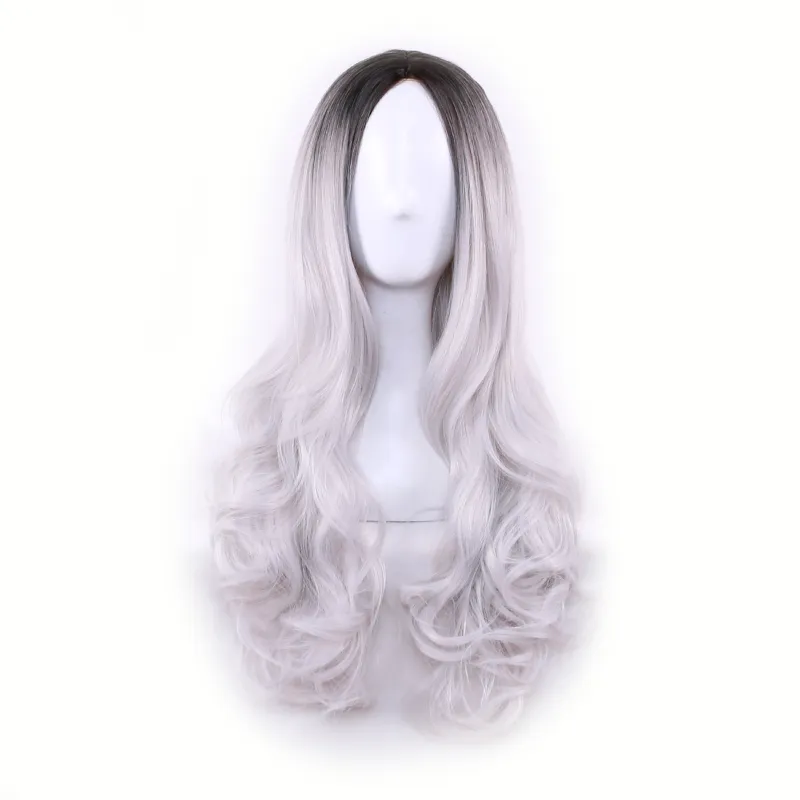 Multicolor Women Long Wave Synthetic Dyed Wig Ladies Black Purple Pink Gray Gradient Heat Resistant Cosplay Wigs Ombre Color Wavy Hair Caps