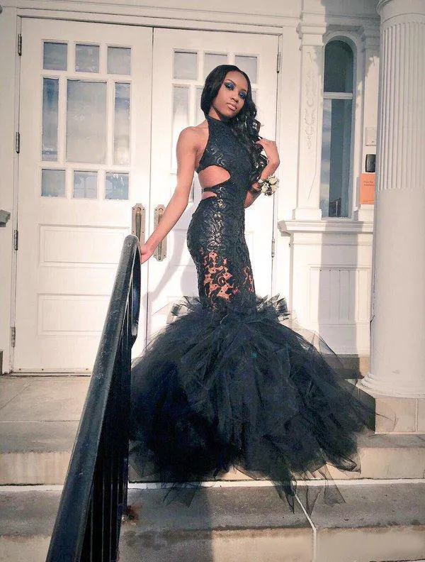 Sexy 2016 Black Girls Puffy Prom Dresses Mermaid Modest Halter Backless Tule en Kant Sequin Long Party Formele Toga Custom Made EN7071