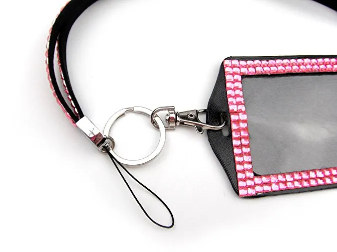 Strass Bling Lanyard Crystal Diamond Collier tour de cou avec porte-badge d'identification doublé horizontal et porte-clés pour carte d'identité/clé/téléphone portable