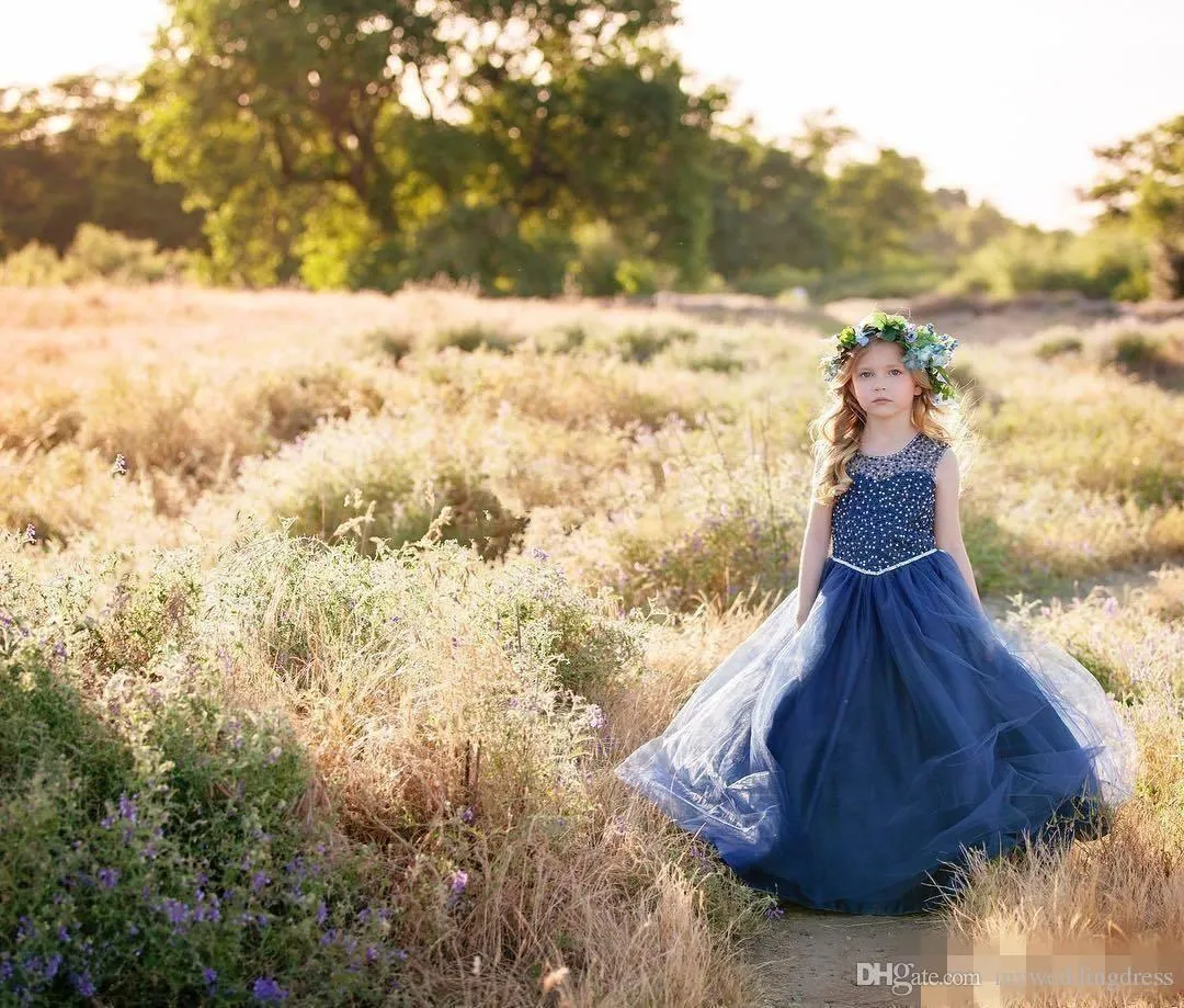 Vintage Country Flower Girl Dresses Ball Gown Jewel Cap Sleeve Royal Blue With Tulle Crystal For Wedding Party Girls Pageant Dresses