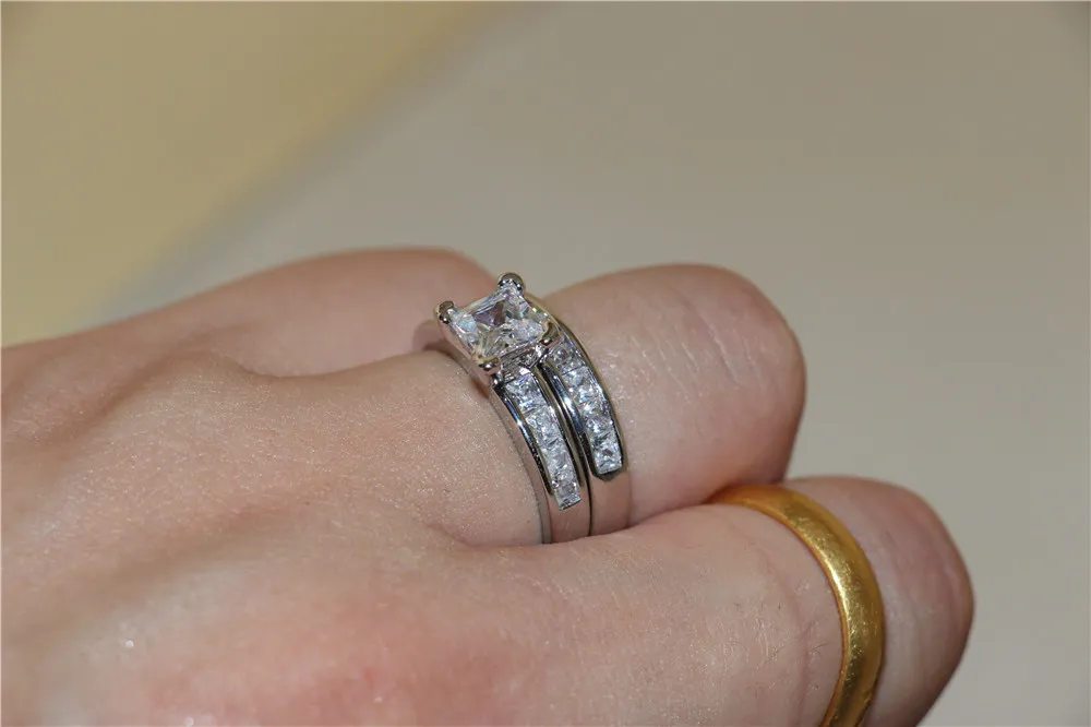 패션 보석 공주 컷 시뮬레이션 다이아몬드 지르콘 여성 사이즈 5 ~ 10 925 실버 약혼 결혼 기념일 밴드 반지 세트