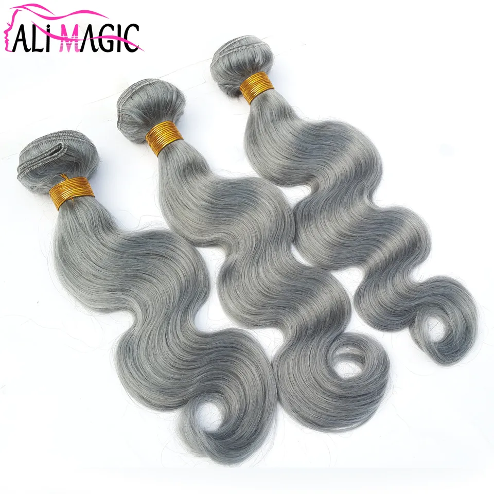 Cheveux humains tisse des extensions de cheveux humains gris vague de corps grade 8A 3 paquets 100G Extensions de cheveux gris en gros AliMagic prix d'usine pas cher