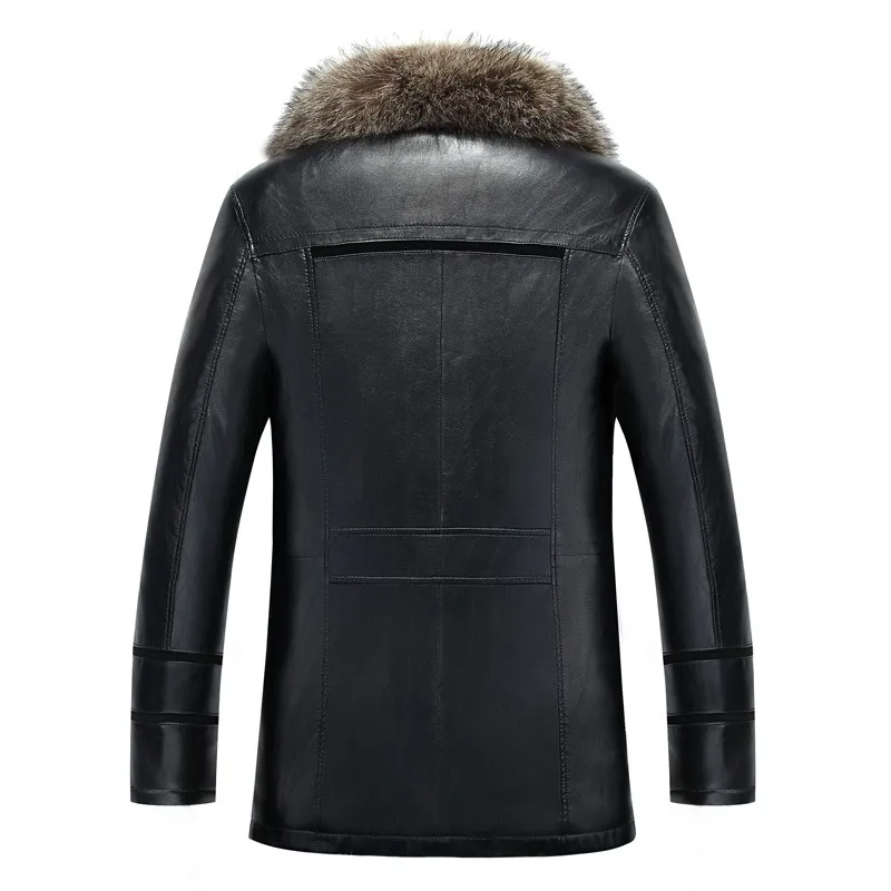 男の毛皮のコートのための冬のレザーのジャケット本物のアライグマの襟厚い暖かい上のアウターオーバーコートのウインドブレーカーのプラスサイズs-5xl