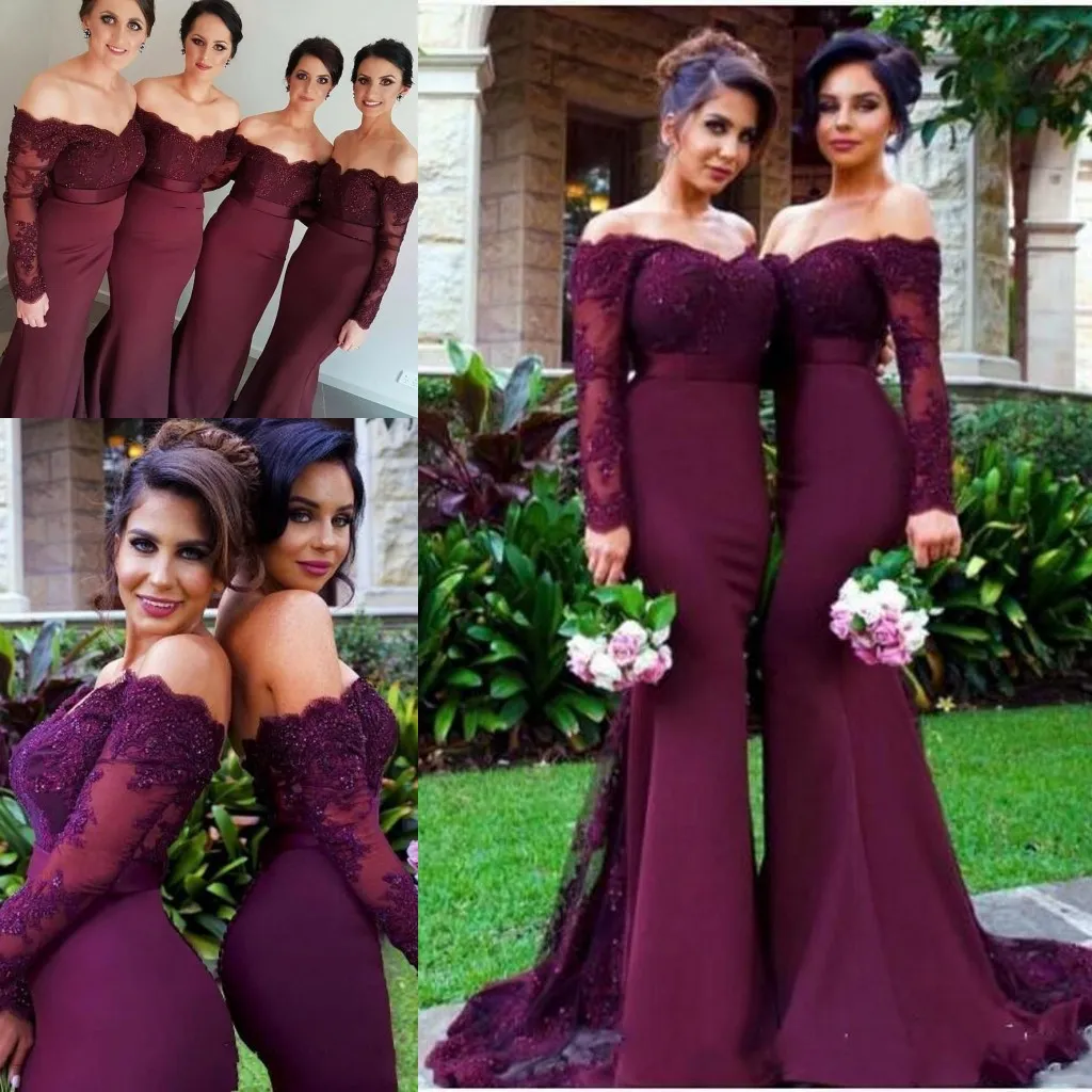 Newest Off the Shoulder Long Sleeves Bridesmaid Dresses Mermaid Style Lace Appliques Maid of Honor Prom Gowns Long Wedding Guest Dresses