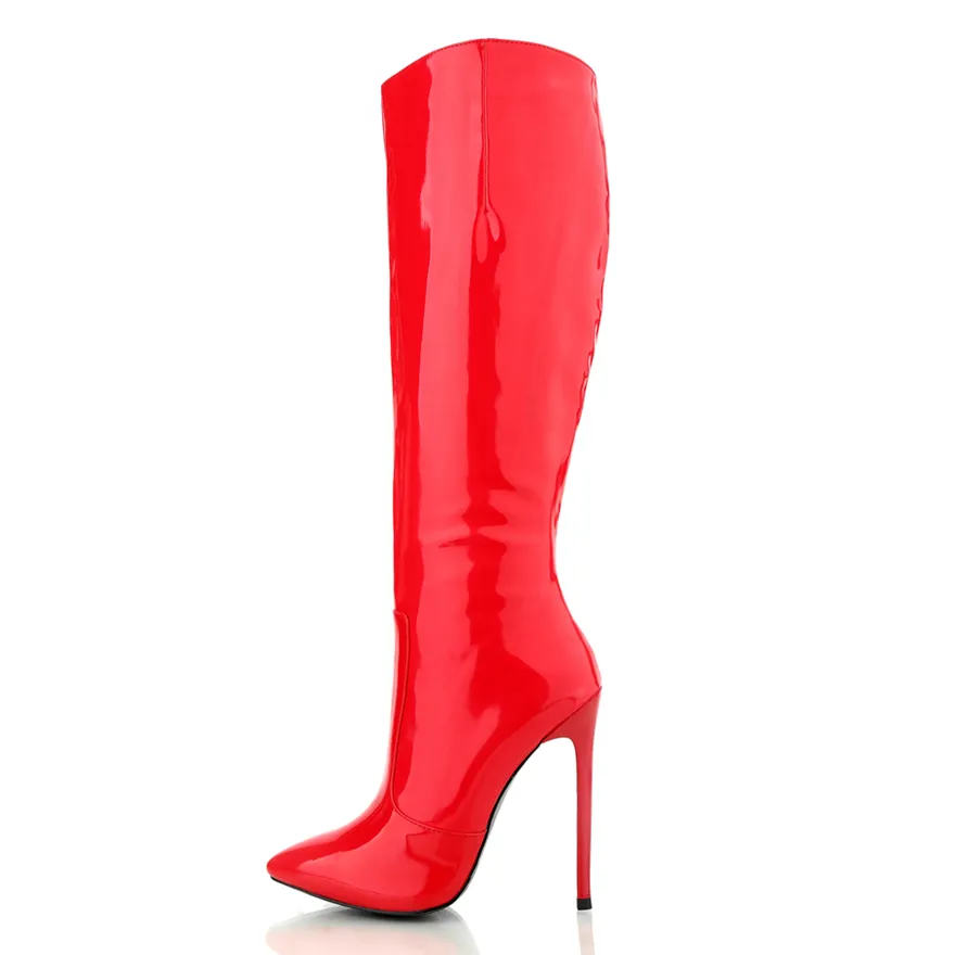 Botas de Joelho de Couro de Patente Brilhante vermelho para As Mulheres Sexy de Salto Alto 12 cm solas Negras Design Italiano Artesanal de Qualidade Apontou Botas De Joelho 624-1