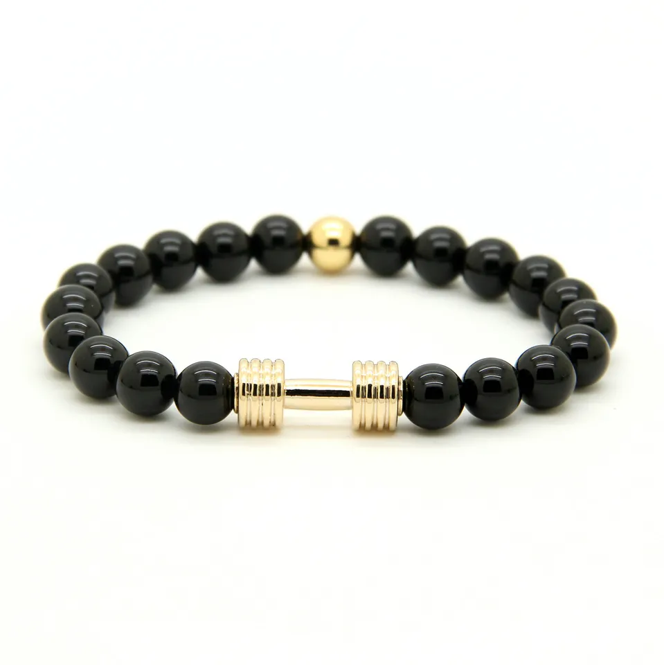 Real Gold Plated Metal Barbell Bracelet & 8mm Stone Beads Fitness Fashion Dumbbell Bracelets