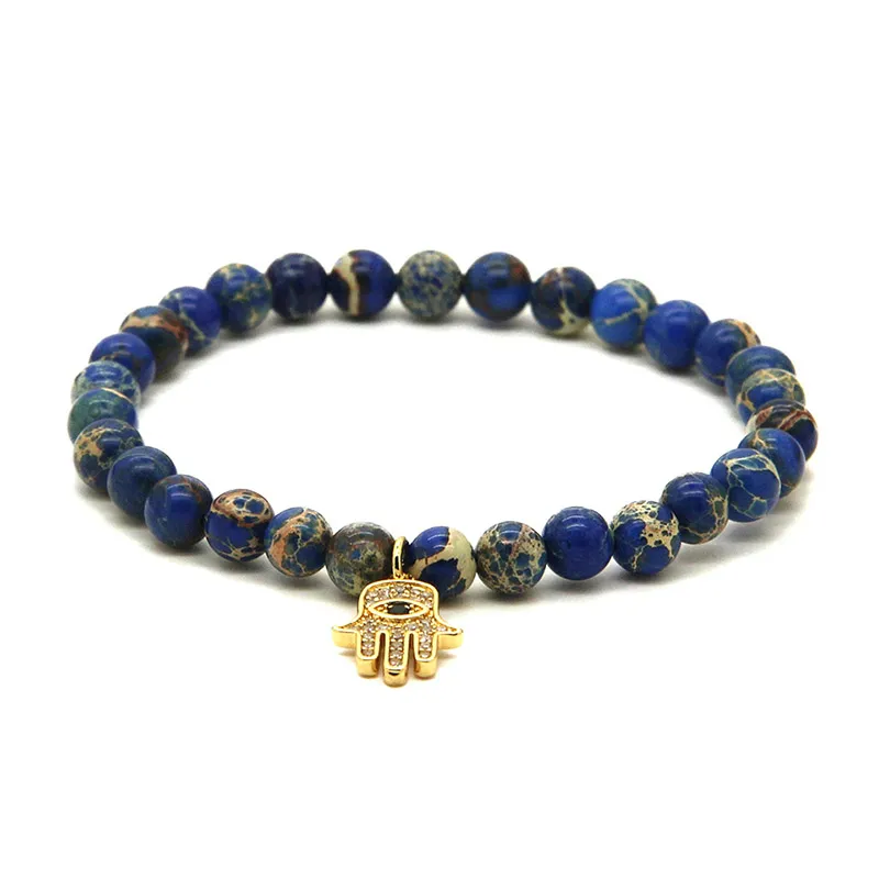 Groothandel 6mm blauwe zee sediment keizerlijke steen met micro inlay zircons fatima hand hamsa hanger armbanden prachtige meisjes geschenk