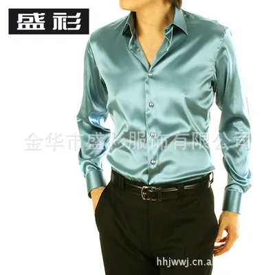 도매 - 남자 실버 실크 셔츠 남자 시니어 블랙 반짝 이는 실크 새틴 - 긴팔 셔츠 턱시도 셔츠