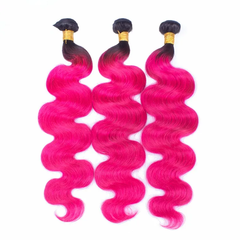 T1B Pink Ombre Virgin Brazilian Body Wave Hair With Closure Dark Roots Two Tone Colored 3Bundles With 4x4 Lace Closur5952638