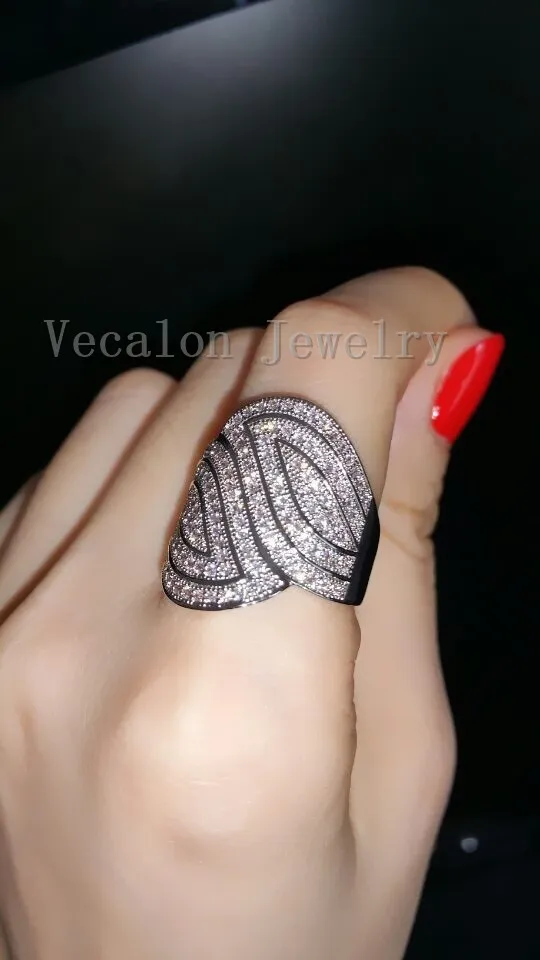 Vecalon Fashion Pave set 140 pezzi Anello con fede nuziale di fidanzamento con diamante simulato Cz donna Anello da dito in oro bianco 10KT