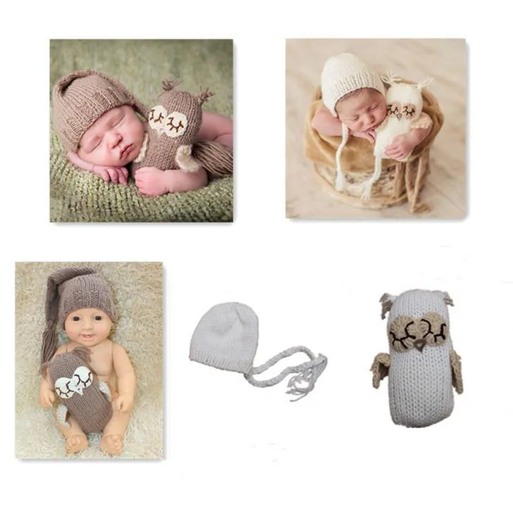 Recém-nascido Infantil Baby Girl Boy Fotografia Adereços Foto Crochet Malha Traje Coruja Brinquedo + Hat Set M118