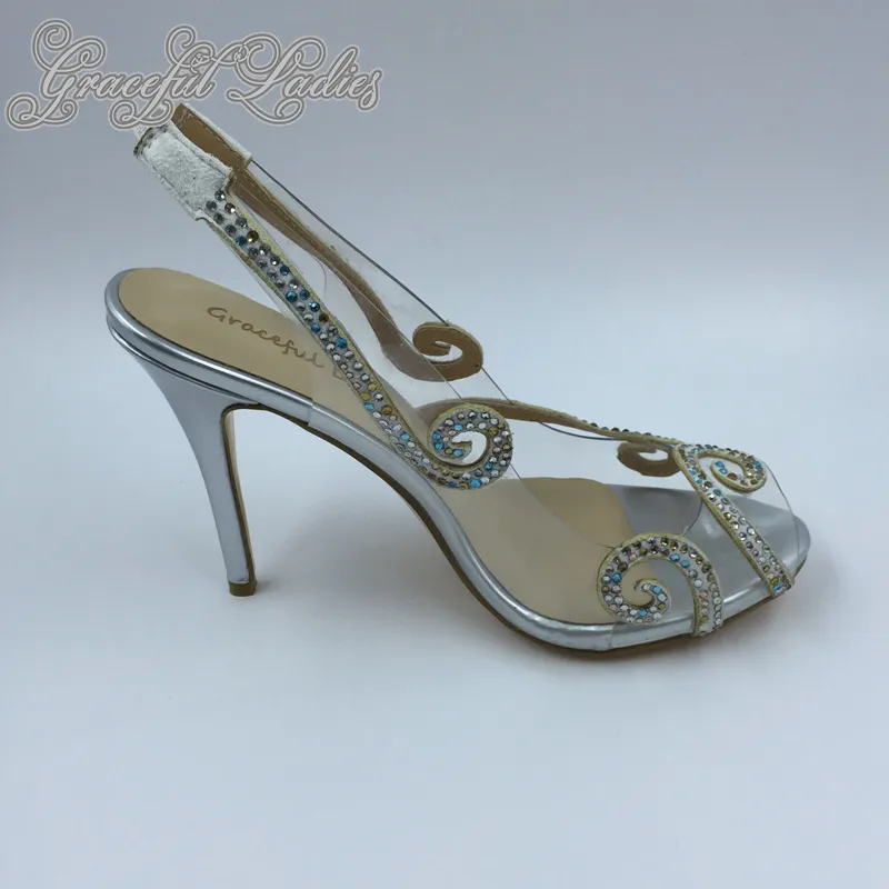 Silver Real Image Buty ślubne 2016 Kobiet Sandały Powrót Pasek Wysokie Obcasy Kryształowe Akcesoria Bridal Tanie Buty Wieczorowe Peep Toe