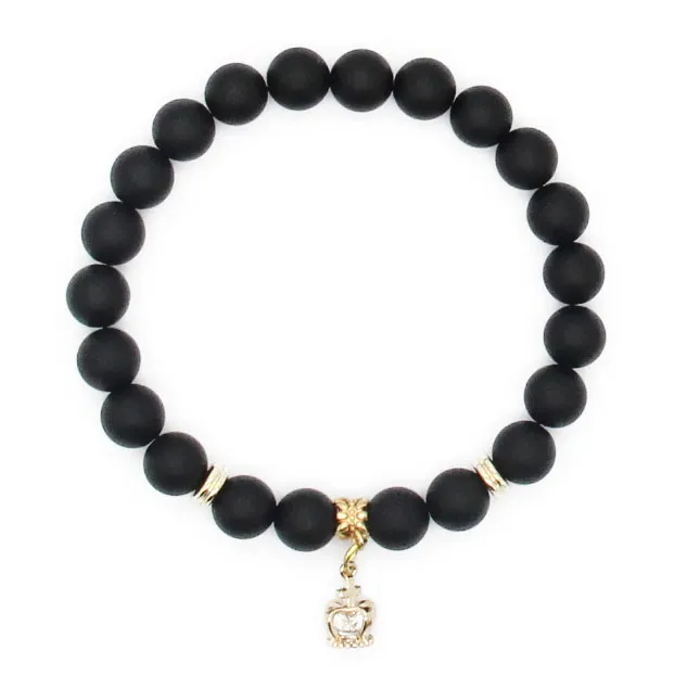 Groothandel 10PS / PARTIJ 8 MM A Grade Black Mat Agate Stone Real Vergulde Crown CZ Kralen Charm Armbanden Party Gift