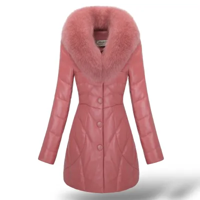 Nya kvinnors lyxiga naturliga räv päls krage äkta fårskinn läder vit anka ner medium lång smal midja parka coat casacos 4xl