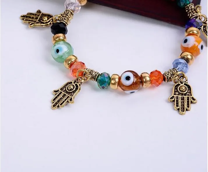 Moda Mano di Hamsa di Fatima Perline di pietra naturale Bracciale fai da te Mani di Hamsa Fascino Braccialetti estensibili con perline Malocchio Catene in argento dorato