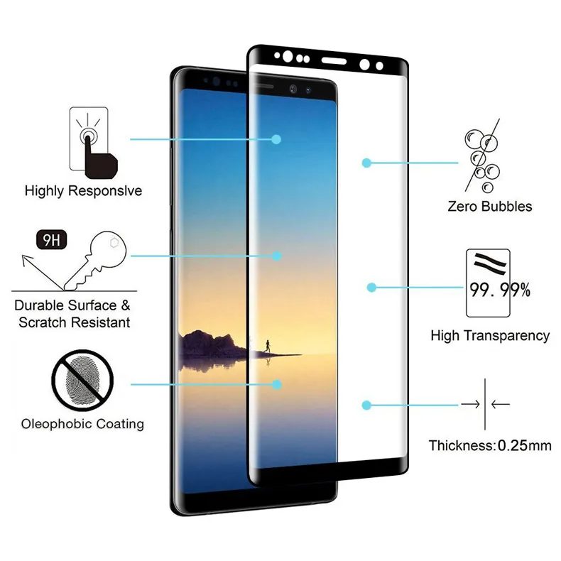 3D Full Cover Gehard Glas voor Samsung Galaxy Note 8 Screen Protector voor Galaxy S8 S8 Plus beschermende film