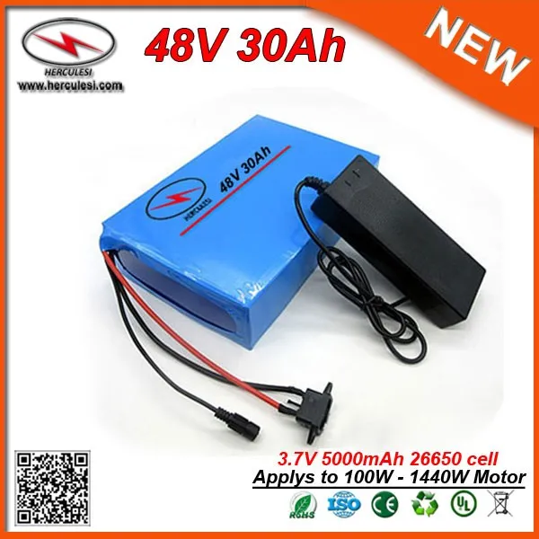  FREE SHIPPING rechargeable 1000w electric bike battery 48v 30ah lithium battery packs in 5000mah 26650 cell li ion 30A BMS 2A  