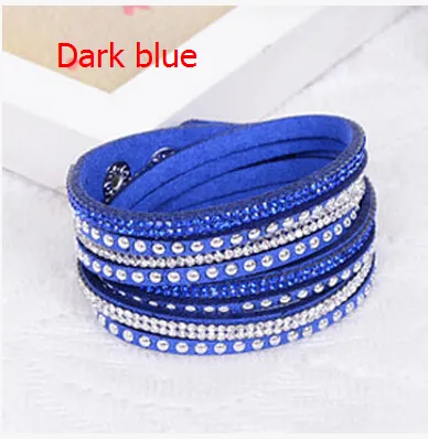 Hot sell Wholesale Rhinestone Bling Double Leather Wristband Fashion Slake Deluxe Multi Color Crystal Wrap Bracelets For Women