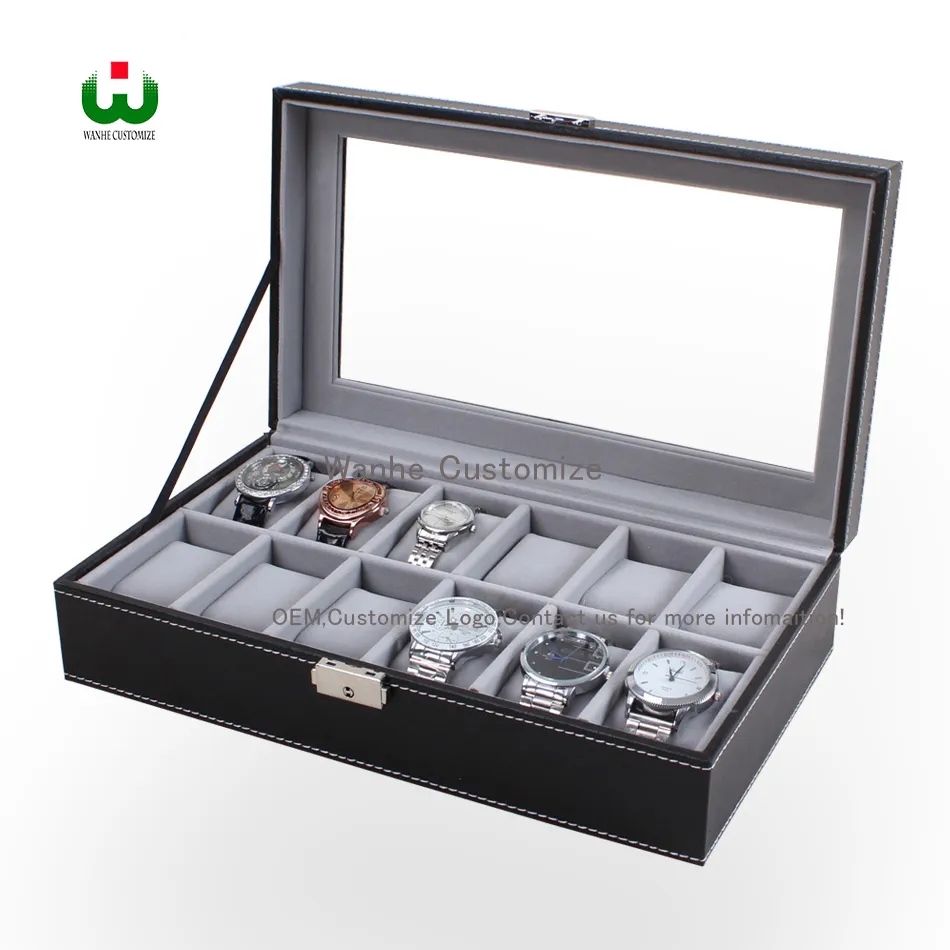 Wanhe Packaging Boxes Factory Professional Supply 12 GRIDS Slot Watch Box Display Organizer Glass Top Jewelry Storage Organizer BO6391987