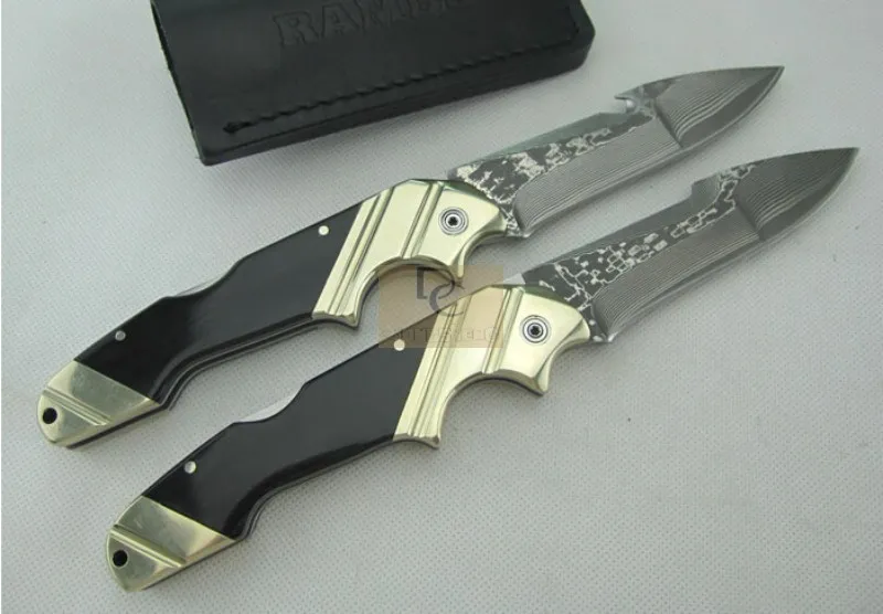 RAMBO DK044 GROOT vouwmes 100% handgemaakt Damascus stalen blad messing + hoorn handvat met lederen huls voor het opzoeken van camping EDC-tool