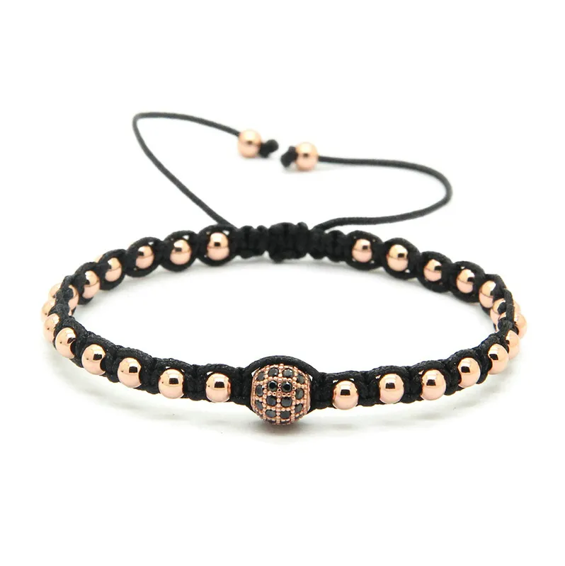 Bijoux en macramé tressé de haute qualité, perles rondes en Bronze de 4mm avec Bracelets en Zircons noirs micro pavés de 8mm, vente en gros