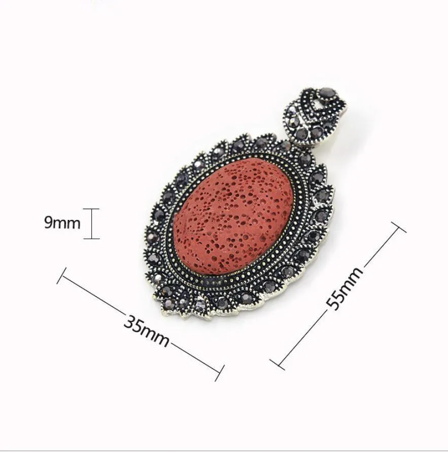 Vintage Crystal Oval Natural Lava Stone Pendant Perfume Essential Oil Diffuser Charms Ethnic Accessories DIY Necklace Jewelry Women