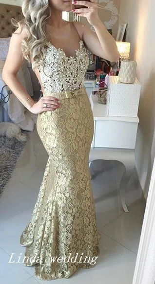 2019 Gold Color Prom klänning en linje spets lång med båge formell kvällsfest klänning plus storlek vestidos de festa196s