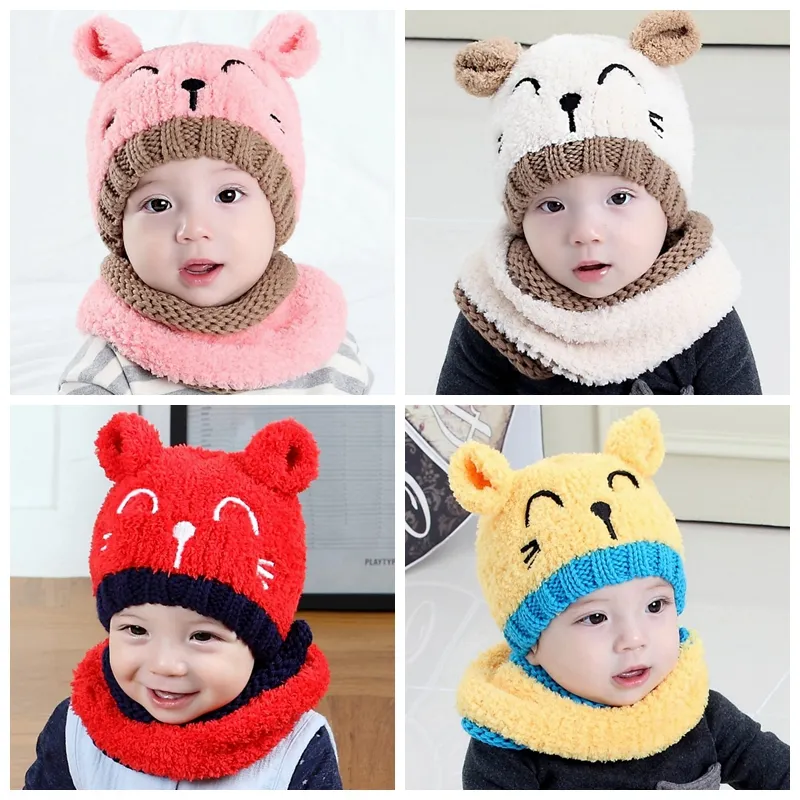 Winter Baby Hat and Scarf Cute 3D Cat Crochet Knitted Caps for Infant Boys Girls Children Kids Neck Warmer