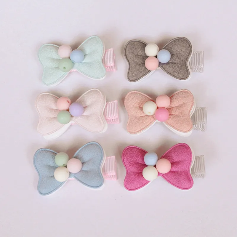 20pcs/lot 2016 New Arrival Small Bow Baby Girl Hair Clip Light Pink Double Level Hair Bow With Beads Kids Hairpins Solid Cloth