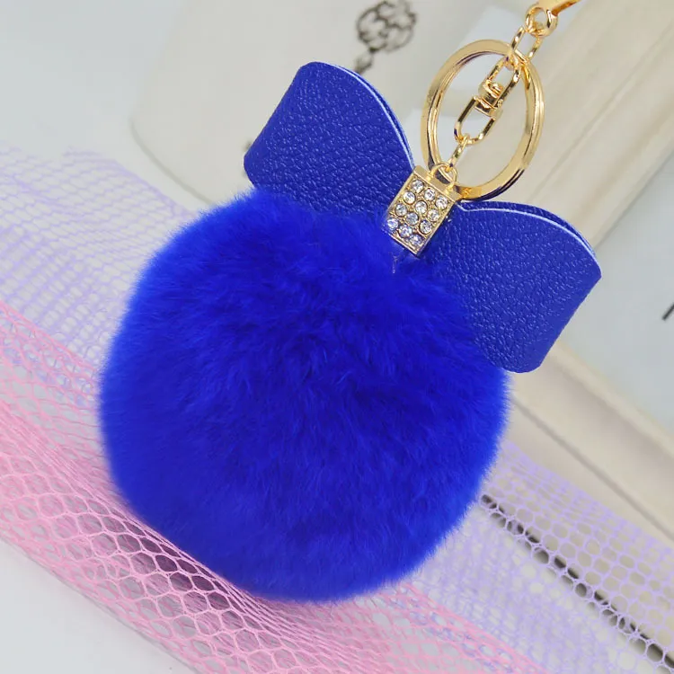 60st Bowknot Fur Pom Keychain Real Rex Rabbit Päls Ball Key Chains Fur Key Ring Key Chain for Bag