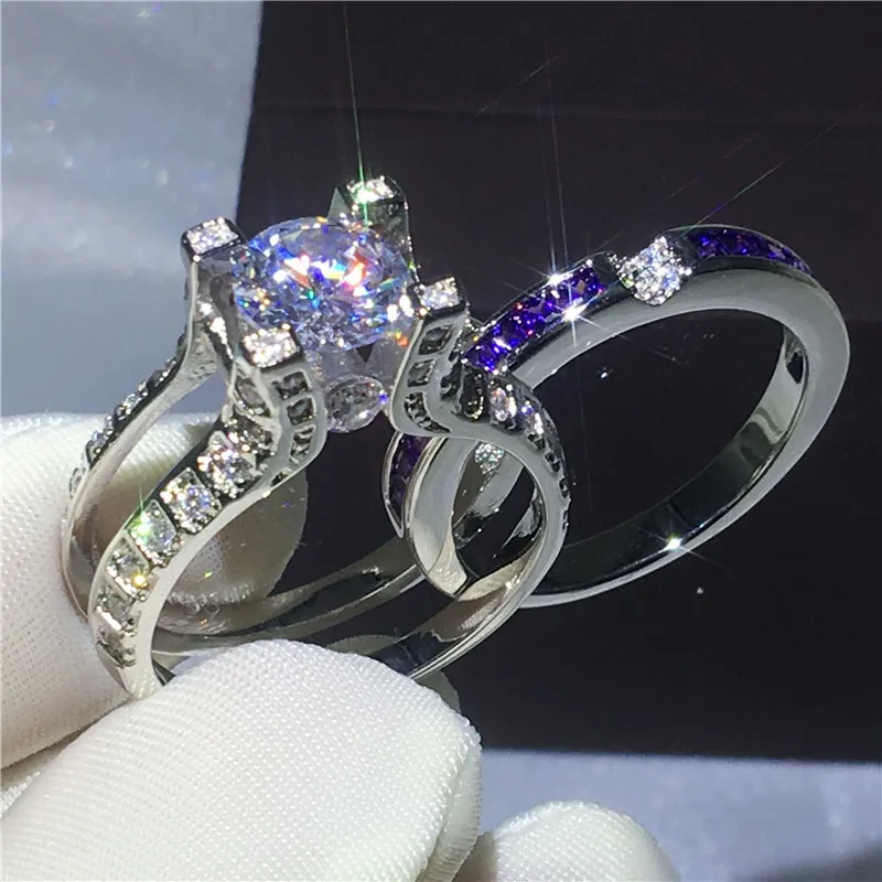 Handmade 2-in-1 Women ring set 5A clear zircon White gold filled Engagement wedding band rings for women men Size 5-10