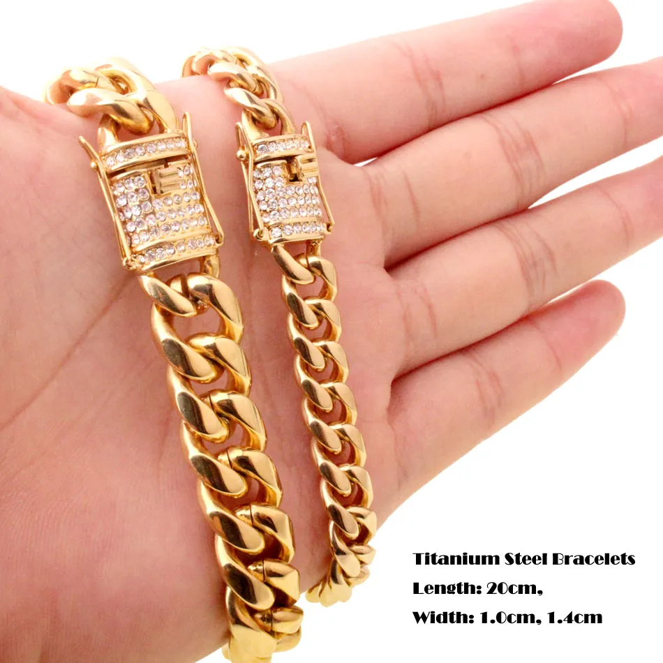 Titanium 24K Solid Gold Electroplated Casting Clasp & Diamond CUBAN LINK Necklace & Bracelet For Men Women Curb Chains Jewelry Sets