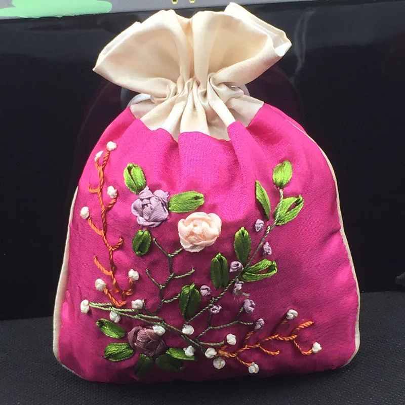 Handmade Ribbon Embroidery Large Gift Bags Patchwork Jewellery Pouches Drawstring Satin Cosmetic Packaging Lavender perfume Storage bag