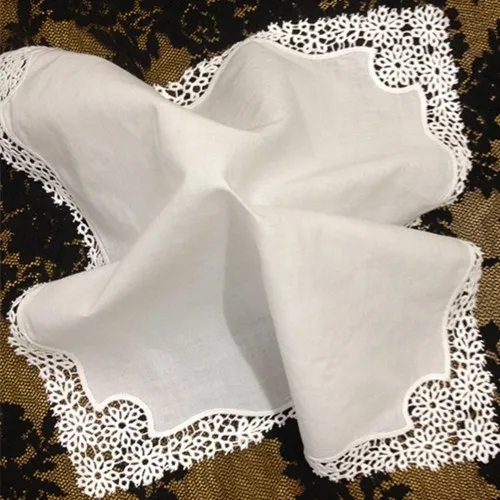 Set of 12 Home Textiles White Ladies Handkerchief 12 inch Embroidered crochet lace edges hankies hanky For Bridal Gifts