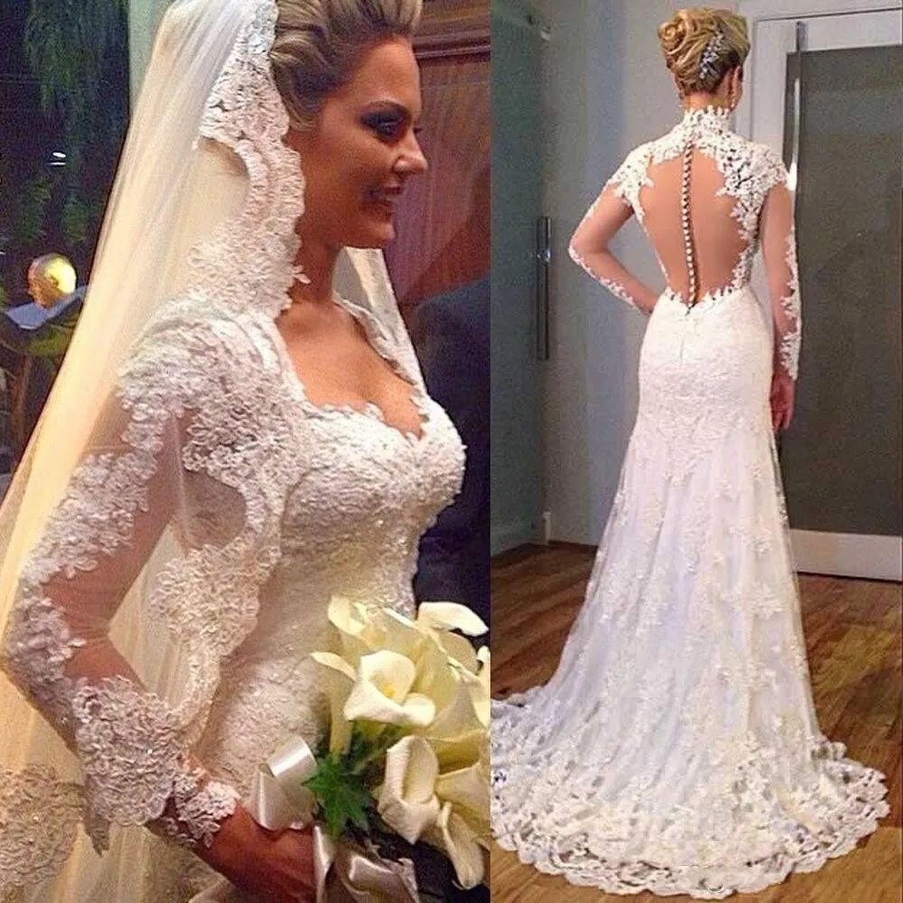 Vintage 2019 Sexy V Neck Pełna Koronka Linia Ślubna Długie Rękawy Illusion Back Wedding Dress Suknia Bridal Custom Make tani