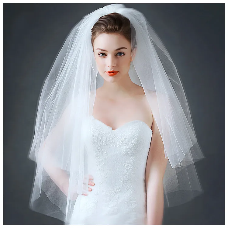 Véus de casamento romântico de camada dupla, véu de comprimento de mão feito sob encomenda, qualidade superior, simples, ruched, acessórios para cabelo de noiva 4599772