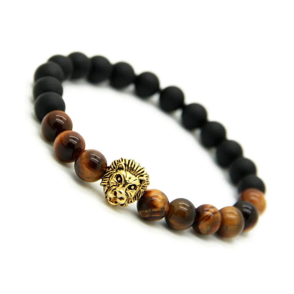 Nya Design Mens Armband Partihandel 8mm Naturlig Tiger Eye och Matt Agate Stone Pärlor Guld Lion Head Armband, Party Gift