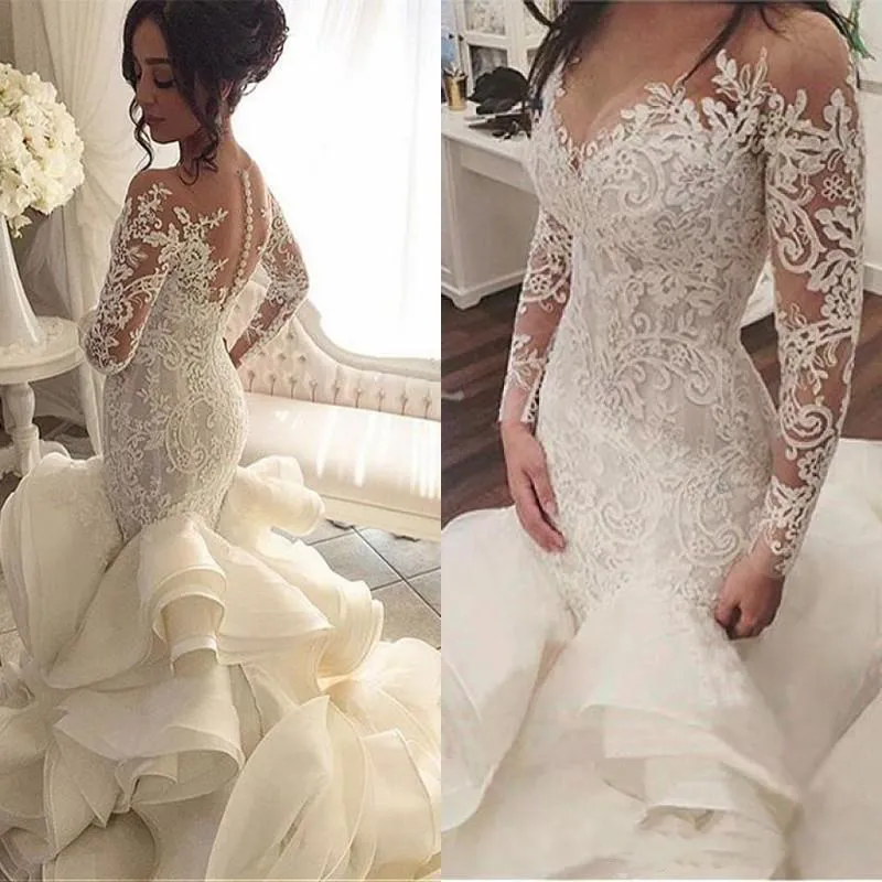 vestido de noiva Long Sleeves Wedding Dresses with Sheer Neck Vintage Mermaid Appliques Lace Tulle Bridal Gowns