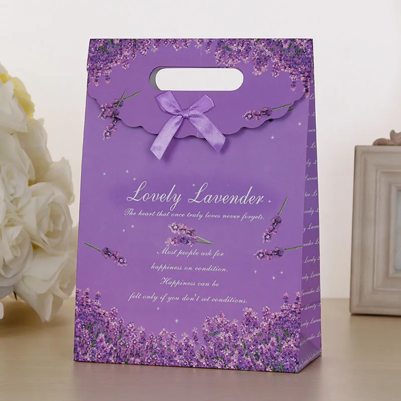 100st 3 Storlekar Lovely Purple Craft Paper Presentväska för Candy Cookie Makeup med handtag Julbröllopspåsar Party Favivers Packaging ZA0928