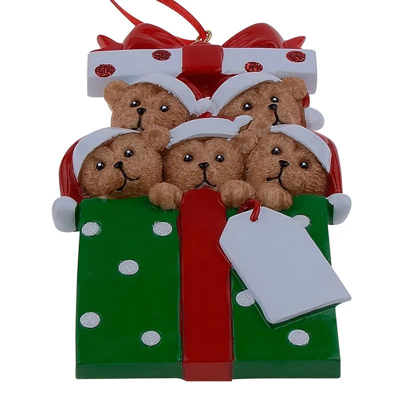 Urso família de 5 ornamentos personalizados pendurados em resina brilhante como lembrança de artesanato para decoração de casa