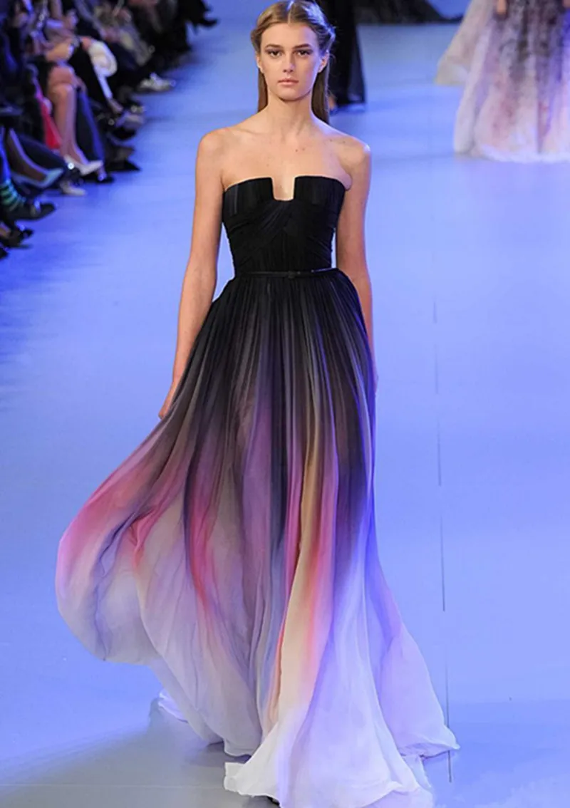 Elie Saab elegant gradient Färgglada sexiga aftonklänningar ombre chiffon prom klänningar aftonklänningar för fest stropplösa veck kvinnor2791