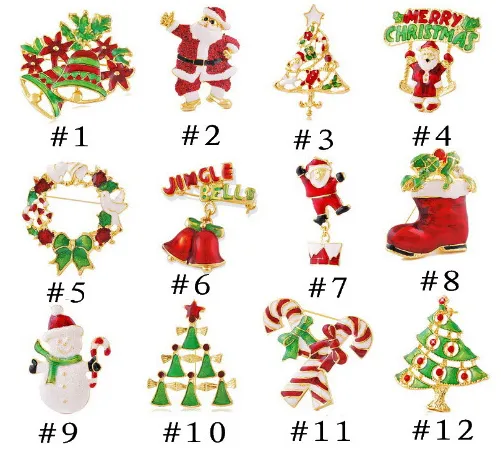 Nuevas llegadas Navidad mujer broches Pin 12 estilo Santa Claus botas campana broches bastón corona muñeco de nieve árbol de Navidad broche para la venta caliente