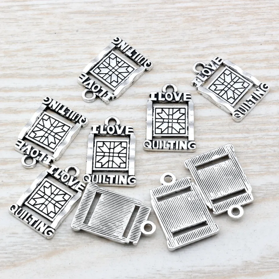 Ancient Silver Alloy "I LOVE QUILTING" Charm Pendants For Jewelry Making Bracelet Necklace DIY Accessories 14 x 21mm A-103