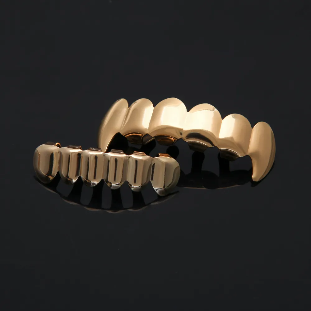 Set di denti Hip Hop placcati in argento placcato oro 14 carati Grillz Top Bottom Grill per uomo * NUOVA ALTA QUALITÀ !!