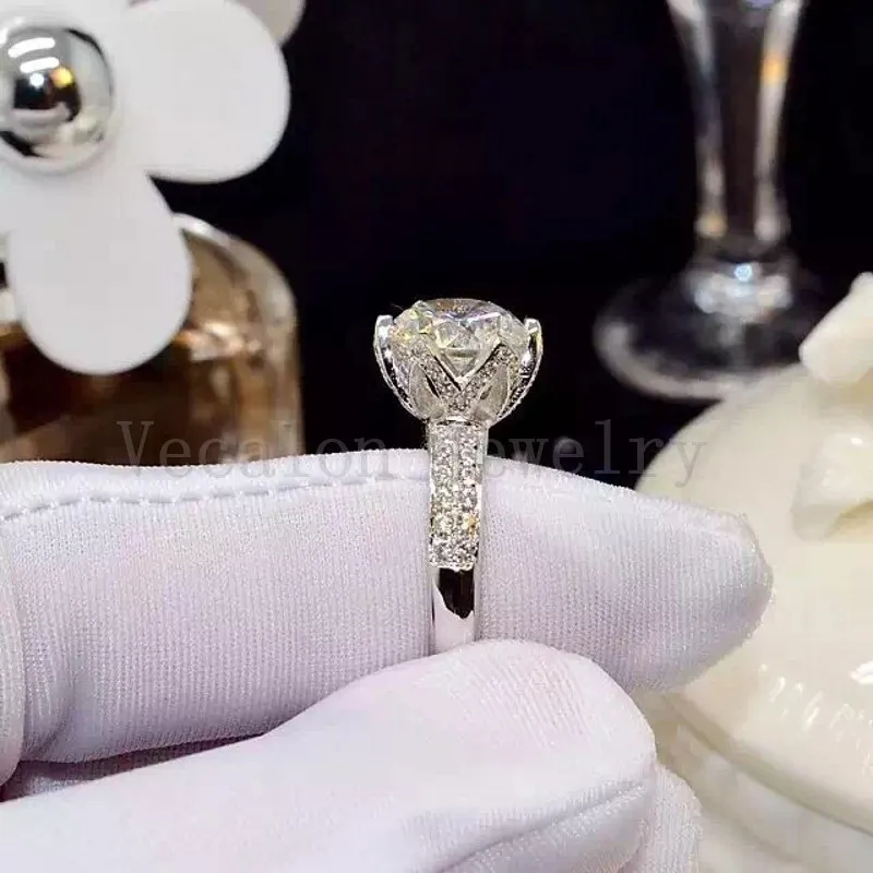 Vecalon 2016 neue romantische blume weibliche ring 3ct simulated diamant cz 925 sterling silber engagement hochzeitsband ring für frauen
