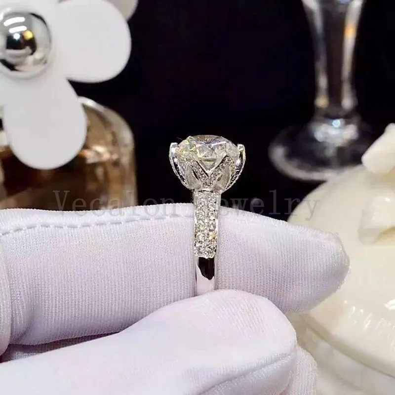 Vecalon 2016 Новый Романтический Цветок Женский Кольцо 3CT Симулированный Diamond CZ 925 Стерлинговое Серебро Обручальное кольцо Свадебное кольцо для женщин