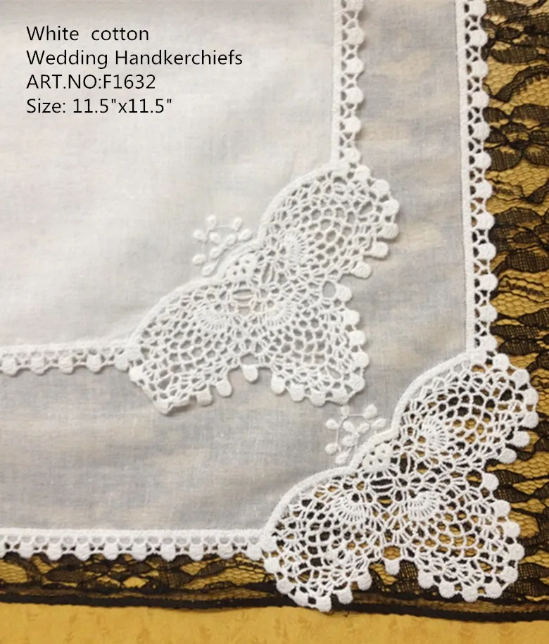 Hometextiles Nouveau style américain 12PCS / lot blanc Soft100% coton Mesdames mariage Mouchoir 11.5x11.5 broderie du crochet bords en dentelle pour la mariée