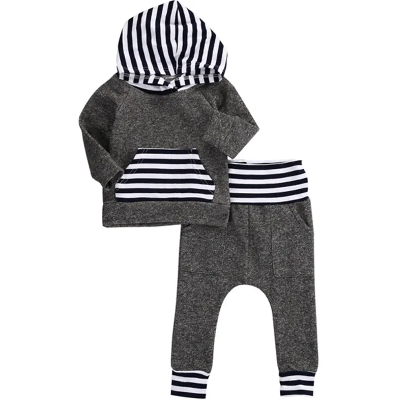 赤ちゃんの男の子の服春秋幼児の服生物の赤ちゃんの縞模様の長袖Tシャツトップパーカー+ズボン2ピース服セット男子服